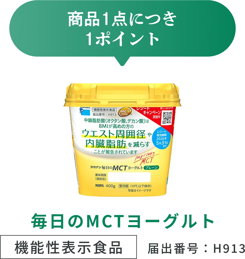 対象商品1点につき1ポイント 対象商品:毎日のMCTヨーグルト(機能性表示食品 届け出番号:H913)